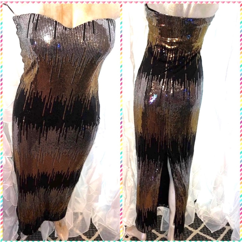 Josh & Jazz M dress sequin fitted long dress Black, gold, and.
